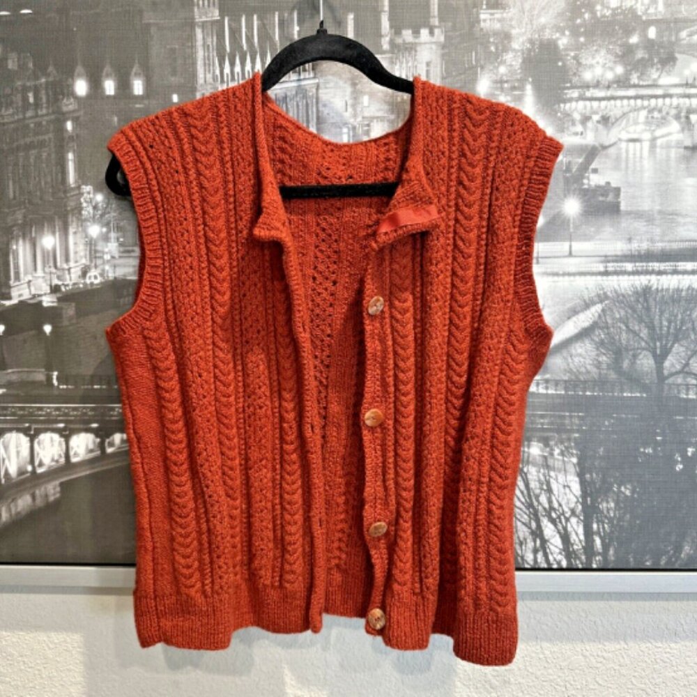 Women's Hand Knit Rust Crochet Sweater Vest‎ Open Front Grannycore Large VINTAGE - Picture 2 of 9